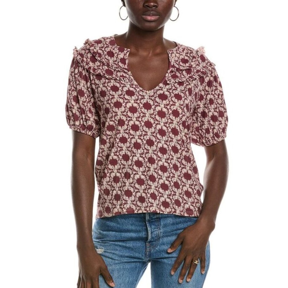 Nation LTD‎ Top Small Red Judith Yoked Pima Cotton Ruffle Sunburst Puff Sleeve